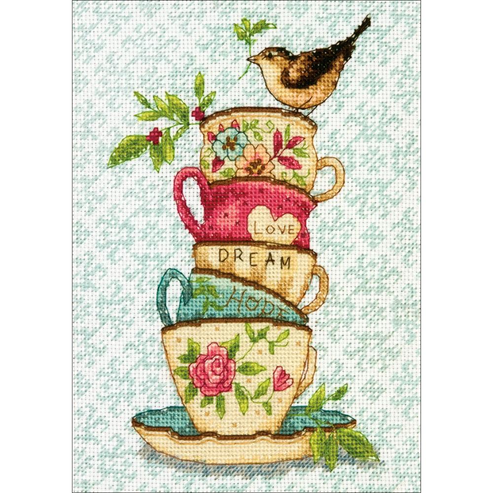 Gold Petites Stacked Tea Cups Counted Cross Stitch Kit